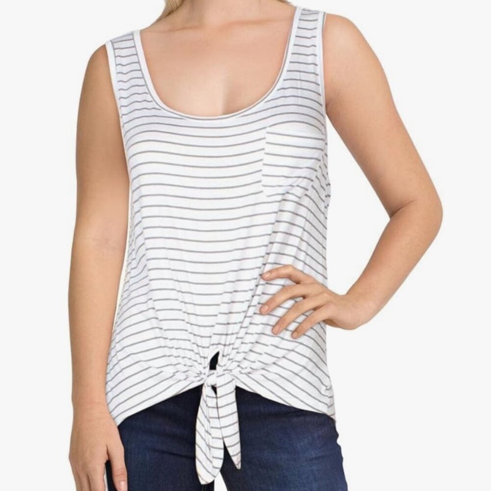 NEW! Rebellious One Tank Top Tie Front Stripped White Grey XS Scoop Neck Cotton